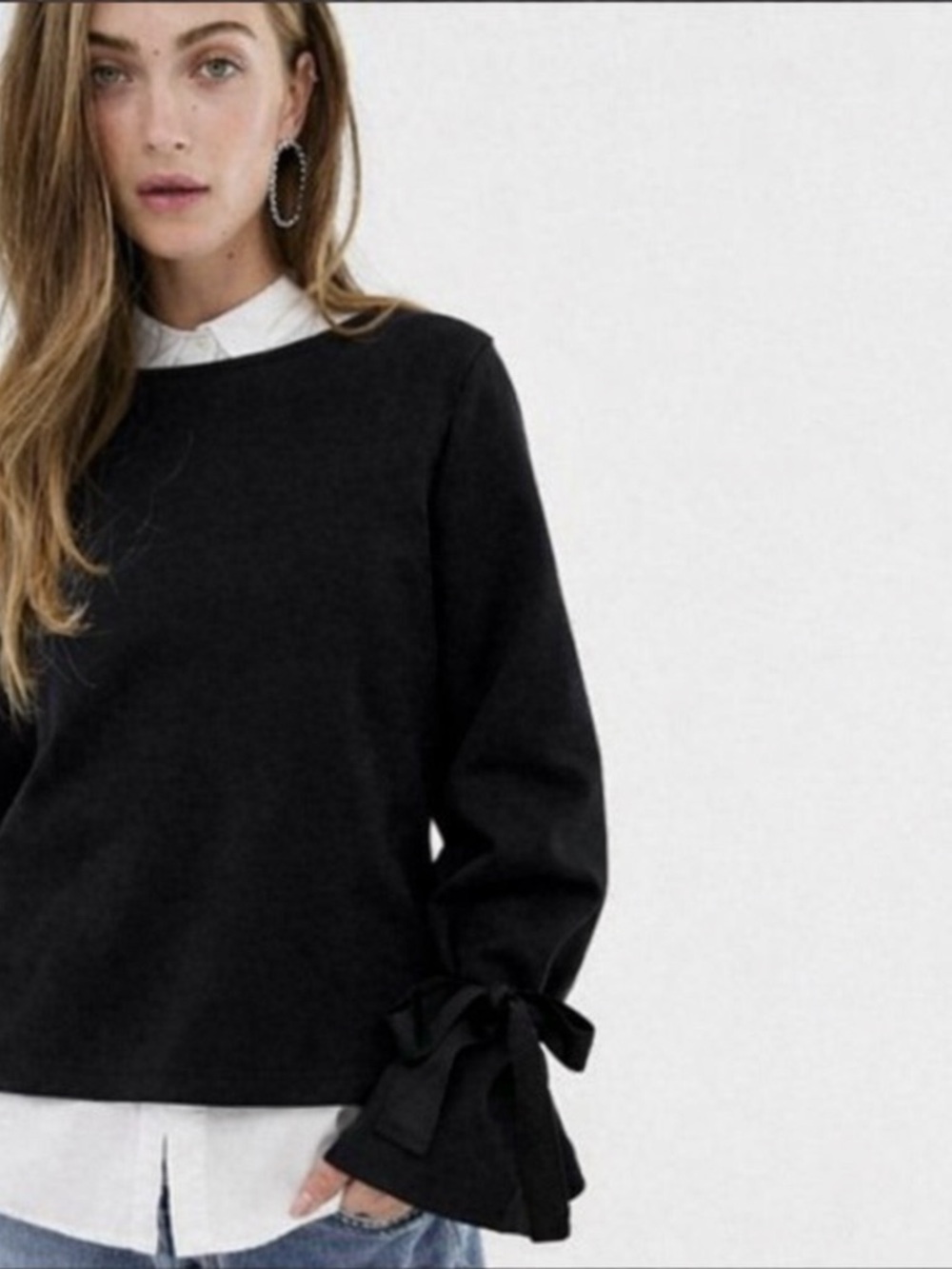 J Crew Tie-sleeve‎ sweatshirt Top Bell Sleeve Bow Detail Black Size Medium
